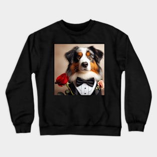 Australian shepherd dog in tuxedo with rose Crewneck Sweatshirt